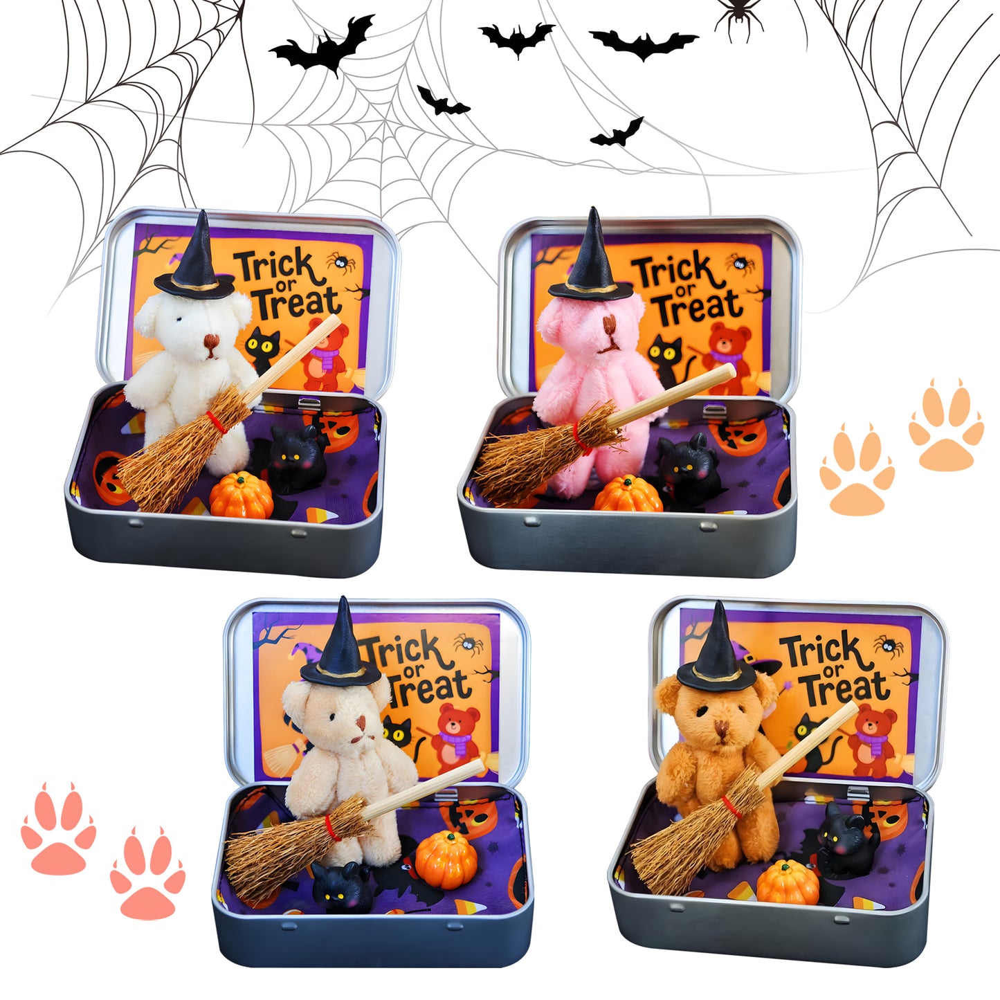 Enchanted Halloween Teddy Bear in a Box - Miniature Witch Wizard Set with Broom, Cape, Pumpkin & Cat Familiar for Trick or Treat Magic