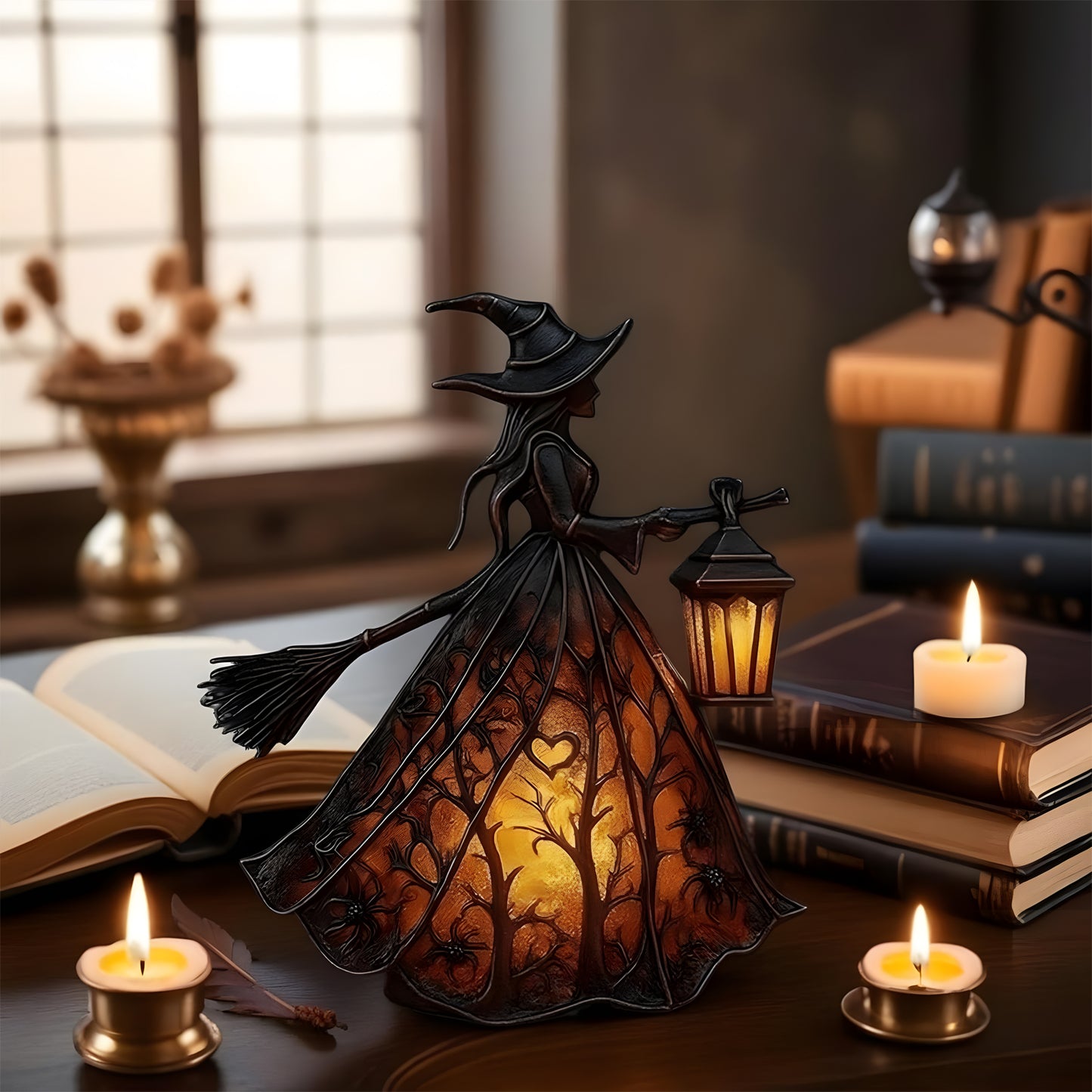 Enchanting Gothic Witch Lamp - Handcrafted Stained Glass Halloween Night Light for Spooky Indoor Home Decor, Shelf Mantels, and Gothic Accent Lighting