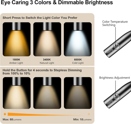 Rechargeable Book Light - 3 Colors & 6 Brightness Levels | 80-Hour Hands-Free Reading Lamp for Bed, Travel & Crafts