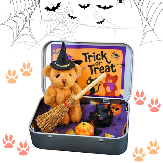 Enchanted Halloween Teddy Bear in a Box - Miniature Witch Wizard Set with Broom, Cape, Pumpkin & Cat Familiar for Trick or Treat Magic