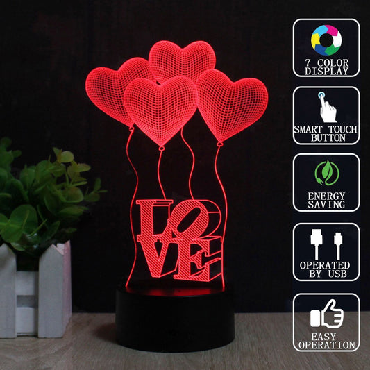 Four Love Heart Balloons 3D Illusion Lamp Led Night Light