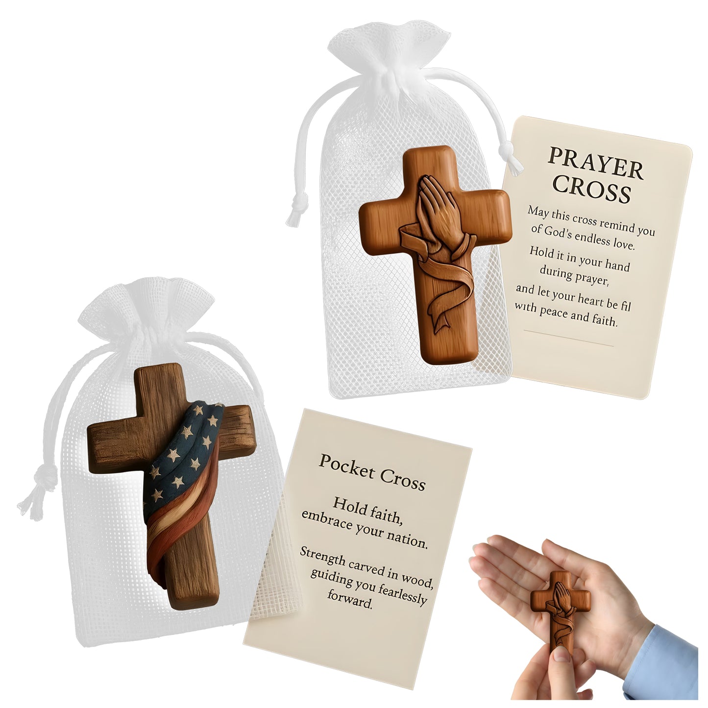 Handheld Wooden Prayer Cross for Anxiety Relief - Pocket Comfort Cross with Prayer Card, Inspirational Gifts for Women & Men, Religious Keepsake for Daily Devotion