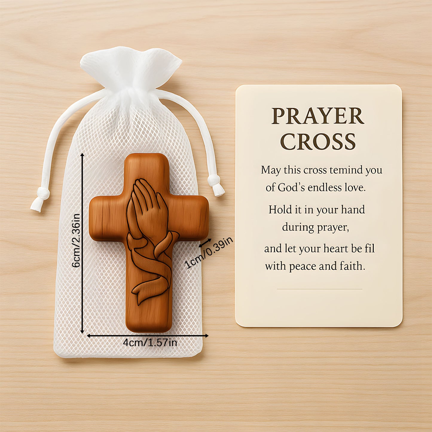 Handheld Wooden Prayer Cross for Anxiety Relief - Pocket Comfort Cross with Prayer Card, Inspirational Gifts for Women & Men, Religious Keepsake for Daily Devotion