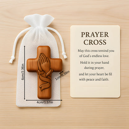 Handheld Wooden Prayer Cross for Anxiety Relief - Pocket Comfort Cross with Prayer Card, Inspirational Gifts for Women & Men, Religious Keepsake for Daily Devotion
