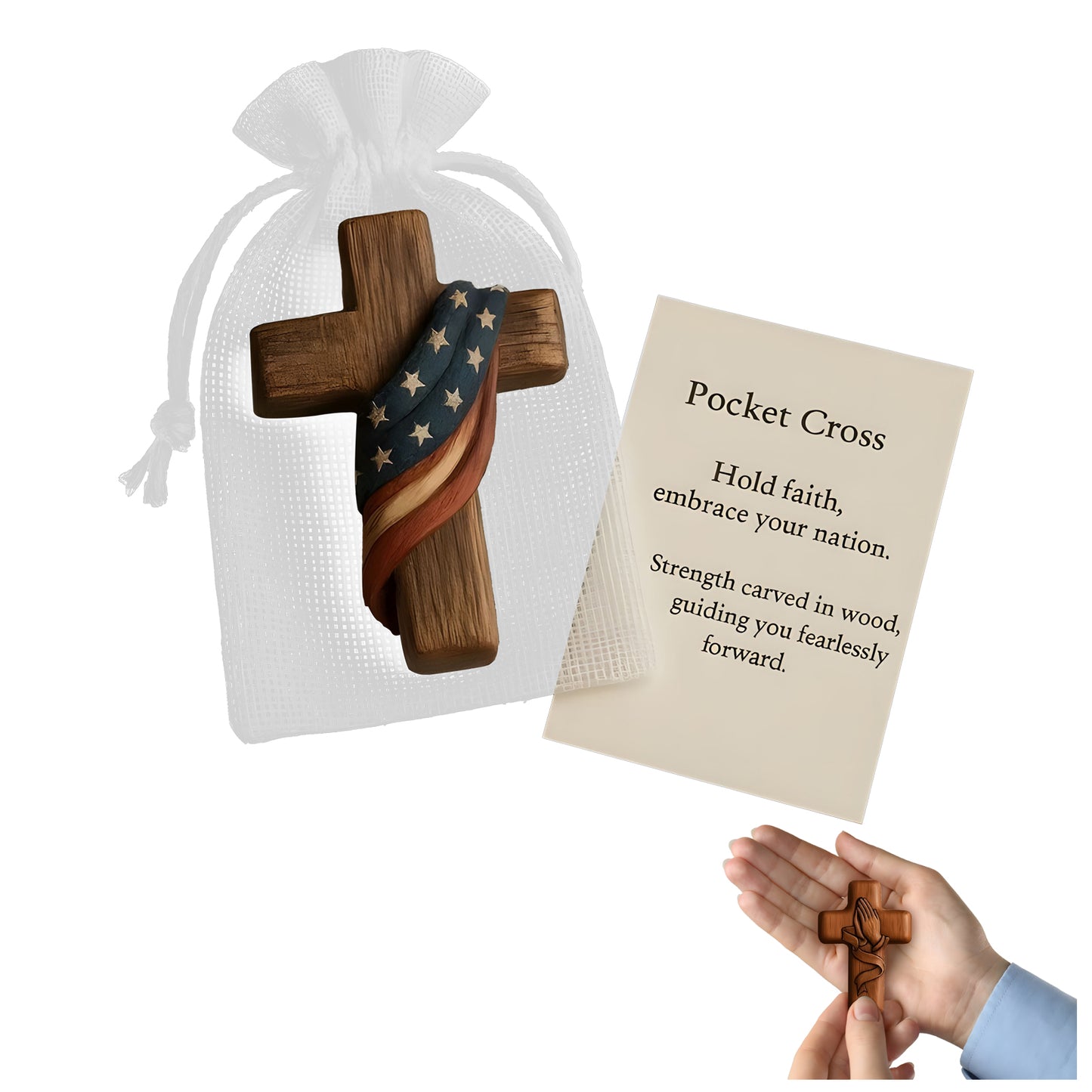Handheld Wooden Prayer Cross for Anxiety Relief - Pocket Comfort Cross with Prayer Card, Inspirational Gifts for Women & Men, Religious Keepsake for Daily Devotion
