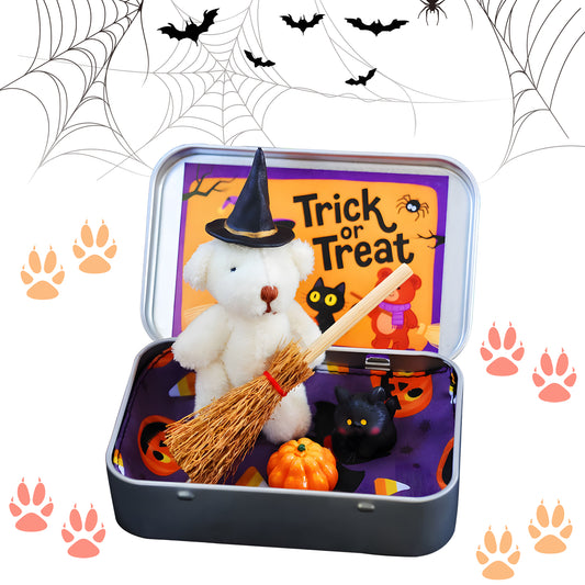 Enchanted Halloween Teddy Bear in a Box - Miniature Witch Wizard Set with Broom, Cape, Pumpkin & Cat Familiar for Trick or Treat Magic