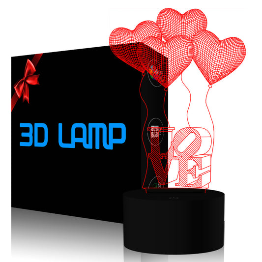 Four Love Heart Balloons 3D Illusion Lamp Led Night Light